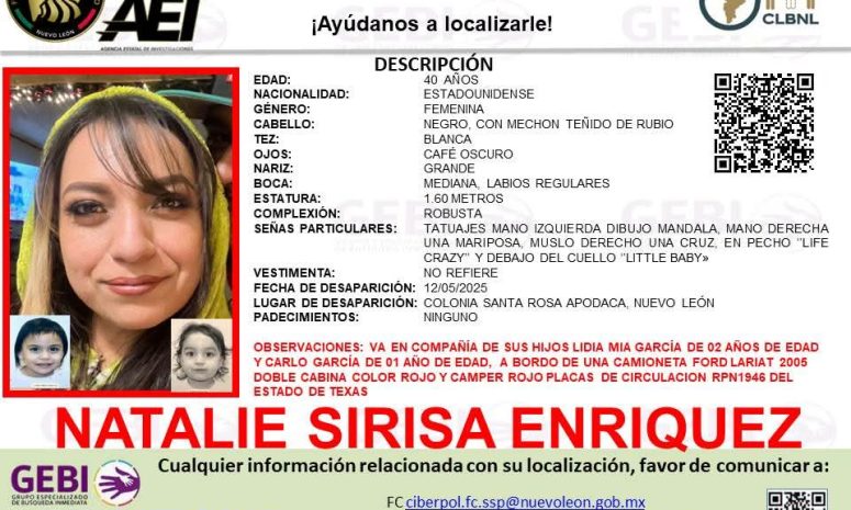 Reportan desaparición de mujer estadounidense y sus 2 hijos en Apodaca